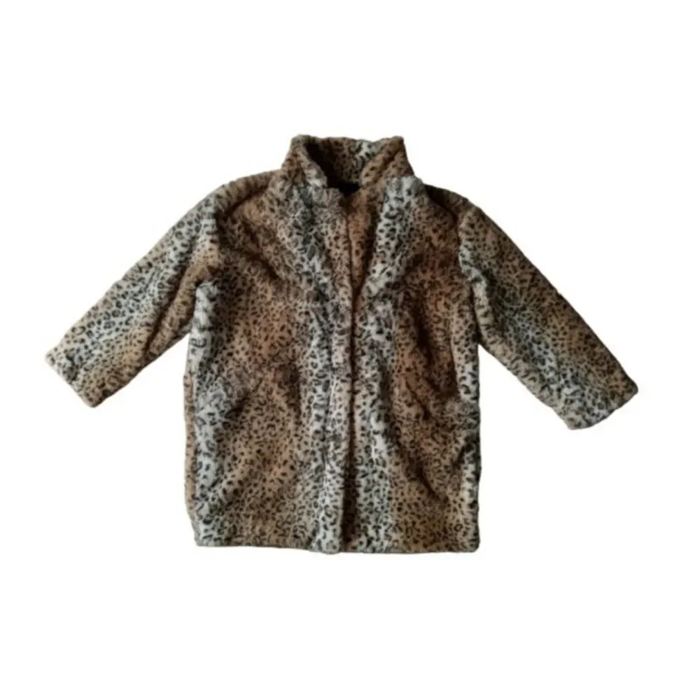 Popsugar Brown Tan Black Leopard Print Faux Fur Button Front Women's Coat Jacket